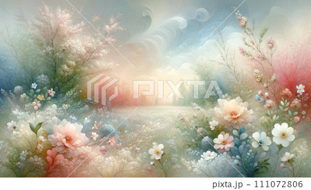 霧がかかった幻想的な花畑 111072806