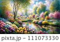 春、もやのかかった色とりどりの花々の風景 111073330