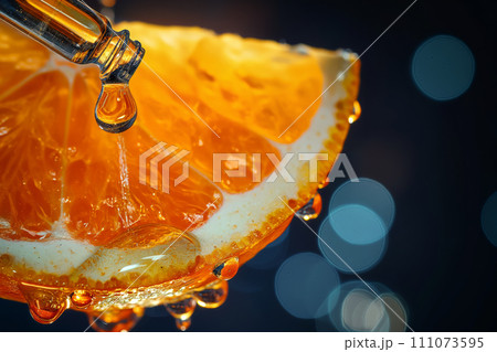 AI-generated content. Vitamin C concept, transparent drop macro with orange slice. Abstract background for products with vitamin C and orange oil, seasonal immunity protection 111073595