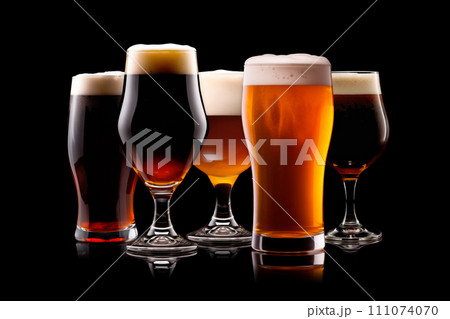 Set of Beer glasses on a black background. Mugs with drink like Ipa, Pale Ale, Pilsner, Porter or Stout Set of Beer glasses on a black background. Mugs with drink like Ipa, Pale Ale, Pilsner, Porter or Stout 111074070