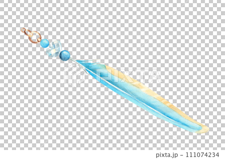 Watercolor composition from pale blue feather and glass bead isolated on white background, hand drawn illustration. Design element for decoration, dream catcher, cards and textile prints. 111074234