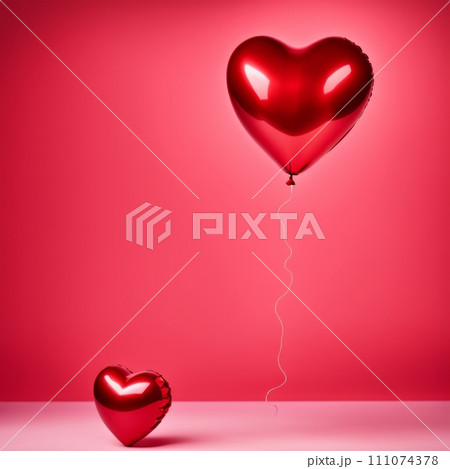 Red color Heart shaped balloon isolated on red background 111074378