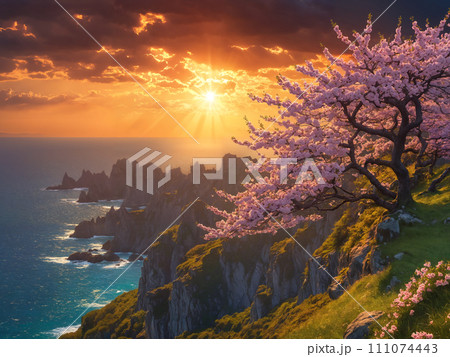 Sunset serenity: floral haven and coastal beauty 111074443