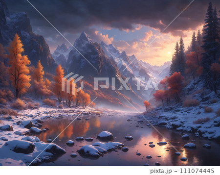 Tranquil river in snowy woods Tranquil river in snowy woods 111074445