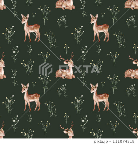 Watercolor seamless pattern baby deer and meadow flowers. Spotted deer isolated on white background. Hand painted wild animal template for fabric. Animal for design print or background. floral branche 111074519