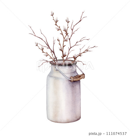 Watercolor illustration bouquet of willow branches and tree branch without leaves in metal can for milk. Brown dry straight twig. Isolated on a white background. Elements for spring floral easter 111074537