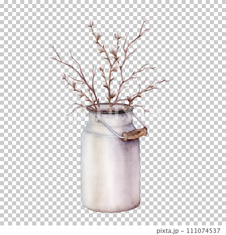 Watercolor illustration bouquet of willow branches and tree branch without leaves in metal can for milk. Brown dry straight twig. Isolated on a white background. Elements for spring floral easter 111074537