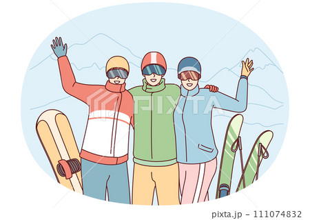 Company of friends at ski resort waving their hands posing on winter vacation. Vector image Company of friends at ski resort waving their hands posing on winter vacation. Vector image 111074832