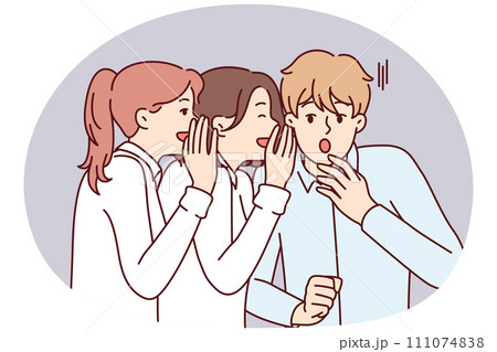 Young man is shocked by secret about colleagues or friends told by two girls. Vector image Young man is shocked by secret about colleagues or friends told by two girls. Vector image 111074838