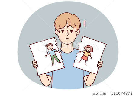 Sad boy after school quarrel or conflict tears up self-drawn portrait. Vector image Sad boy after school quarrel or conflict tears up self-drawn portrait. Vector image 111074872
