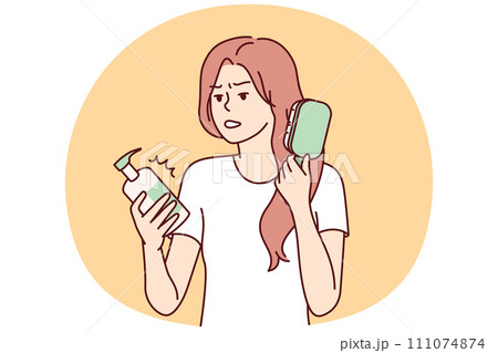 Woman combing hair out of frustration reads composition of cosmetic product. Vector image 111074874