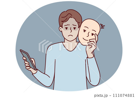 Unhappy man with phone uses mask to pretend to be positive human during online dating. Vector image Unhappy man with phone uses mask to pretend to be positive human during online dating. Vector image 111074881