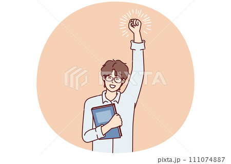 Joyful guy student with textbook in hand makes winning gesture after winning olympiad. Vector image Joyful guy student with textbook in hand makes winning gesture after winning olympiad. Vector image 111074887