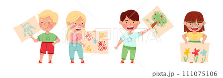 Creative Kids Showing Paper Drawing Vector Set Creative Kids Showing Paper Drawing Vector Set 111075106
