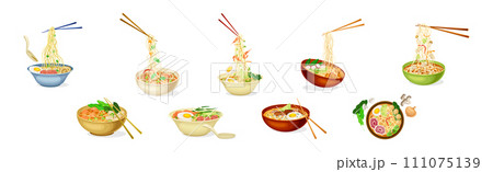 Ramen Soup Noodles Bowl as Asian Traditional Cuisine Dish Vector Set Ramen Soup Noodles Bowl as Asian Traditional Cuisine Dish Vector Set 111075139