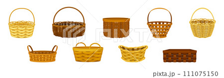 Wicker Basket as Handmade Straw Container with Handle Vector Set 111075150