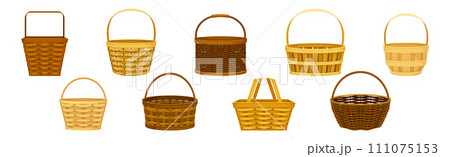Wicker Basket as Handmade Straw Container with Handle Vector Set Wicker Basket as Handmade Straw Container with Handle Vector Set 111075153