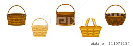 Wicker Basket as Handmade Straw Container with Handle Vector Set Wicker Basket as Handmade Straw Container with Handle Vector Set 111075154