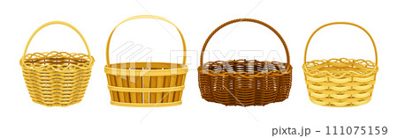Wicker Basket as Handmade Straw Container with Handle Vector Set Wicker Basket as Handmade Straw Container with Handle Vector Set 111075159