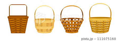 Wicker Basket as Handmade Straw Container with Handle Vector Set Wicker Basket as Handmade Straw Container with Handle Vector Set 111075160