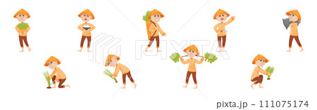 Chinese Farmer in Conical Hat Planting and Gathering Rice Vector Set Chinese Farmer in Conical Hat Planting and Gathering Rice Vector Set 111075174