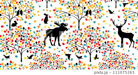 Seamless background colored forest with animals. hand drawing. Not AI, Vector illustration Seamless background colored forest with animals. hand drawing. Not AI, Vector illustration 111075263