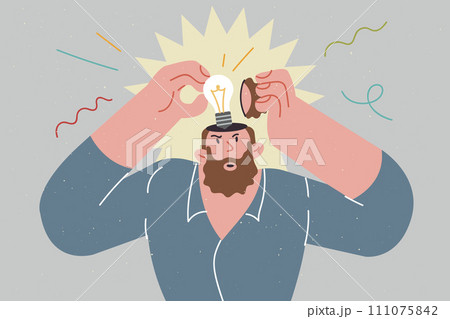 Man finds new idea thanks to brainstorming about solve problem, standing with light bulb inside head Man finds new idea thanks to brainstorming about solve problem, standing with light bulb inside head 111075842