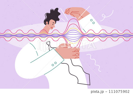 Man scientist looks at gravitational wave with confused face, studying science of physics Man scientist looks at gravitational wave with confused face, studying science of physics 111075902