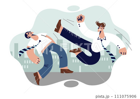 Business men fight to get position in corporation and make career, located near city buildings 111075906