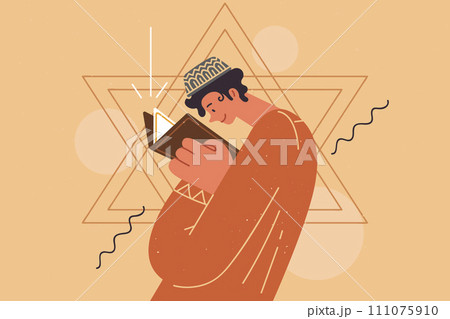 Jewish teenage boy reads torah with description of judaism, standing near star of david Jewish teenage boy reads torah with description of judaism, standing near star of david 111075910