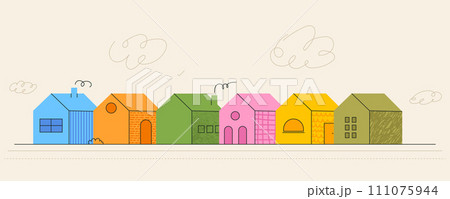 Street with road from simple house icons in bright color. Neighborhood village. Contemporary trendy illustration with textures. Vector kit of kids pictures 111075944