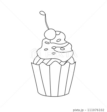 Cupcake with cream and strawberry, doodle black and white dessert vector illustration. 111076102