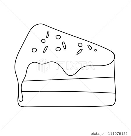 Slice of birthday cake with cream, doodle black and white vector illustration of a piece of sweet treat. Slice of birthday cake with cream, doodle black and white vector illustration of a piece of sweet treat. 111076123