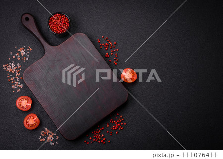 Empty wooden cutting board for preparing ingredients for preparing a delicious dish 111076411