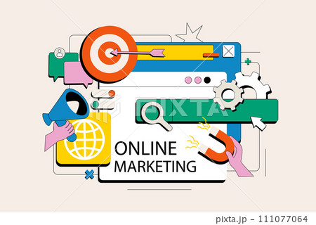 Marketing concept in flat neo brutalism design for web. Digital promotion strategy with posts in social media and advertising campaign. Vector illustration for social media banner, marketing material. Marketing concept in flat neo brutalism design for web. Digital promotion strategy with posts in social media and advertising campaign. Vector illustration for social media banner, marketing material. 111077064