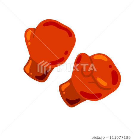 Boxing glove. Two red elements of athletic sportswear. Professional Fist fight. Cartoon drawn illustration. Sport fitness equipment. Fight and hit. Punch and combat. 111077186