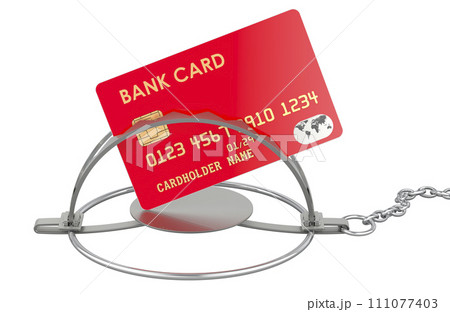 Credit bank cards inside bear trap. Credit trap, concept. 3D rendering Credit bank cards inside bear trap. Credit trap, concept. 3D rendering 111077403