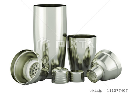 Cocktail shakers, parts. Details of Shaker, 3D rendering isolated on white background Cocktail shakers, parts. Details of Shaker, 3D rendering isolated on white background 111077407