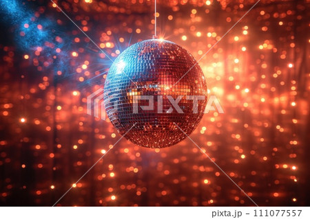Mirror disco ball in bokeh lights. Swirls of bright lights are radiantly reflected on its smooth surface. Mirror disco ball in bokeh lights. Swirls of bright lights are radiantly reflected on its smooth surface. 111077557