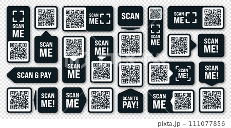 Scan me QR code sticker. Online payment. Special offer sale stickers, shopping discount label or promotional badge. Serial number, product ID. Supermarket retail label, price tag. Vector illustration 111077856