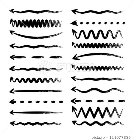 Grunge hand drawn arrows, highlighter lines. Marker stroke, brush pen drawn underline. Handwritten text pointers, notes, marks. Vector illustration 111077859