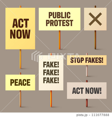 Colorful protest signs with slogan on wooden holder. Realistic vector demonstration banner. Strike action cardboard placard mockup Colorful protest signs with slogan on wooden holder. Realistic vector demonstration banner. Strike action cardboard placard mockup 111077888
