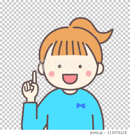 Smiling girl facing forward and raising her index finger 111078228