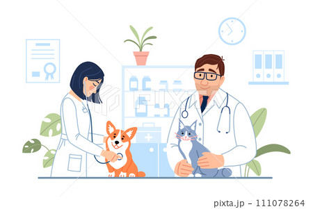 Veterinary exam concept. Male, female veterinarians with stethoscope examining cute animals dog and cat on veterinary clinic background. Health diagnostics. Flat line pet medicine vector illustration Veterinary exam concept. Male, female veterinarians with stethoscope examining cute animals dog and cat on veterinary clinic background. Health diagnostics. Flat line pet medicine vector illustration 111078264
