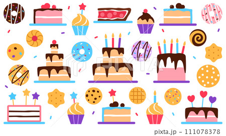 Pastry shop visit card or horizontal background. Baked healthy food business card design. Bright colorful flat baked tasty elements donut cake cupcake for confectionery sweet shop illustration. 111078378