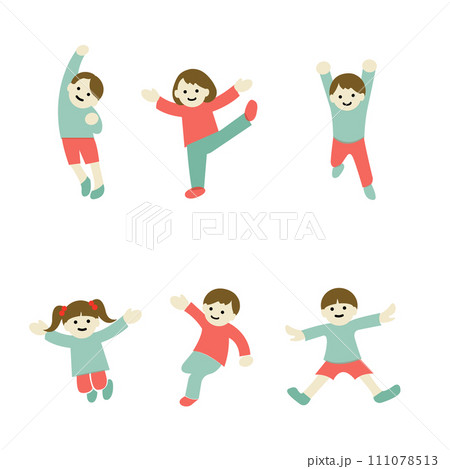 いろいろなポーズの元気で笑顔の子供たちのイラスト　線なし　カラー　 111078513