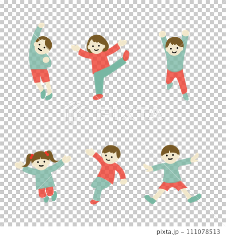 いろいろなポーズの元気で笑顔の子供たちのイラスト　線なし　カラー　 111078513