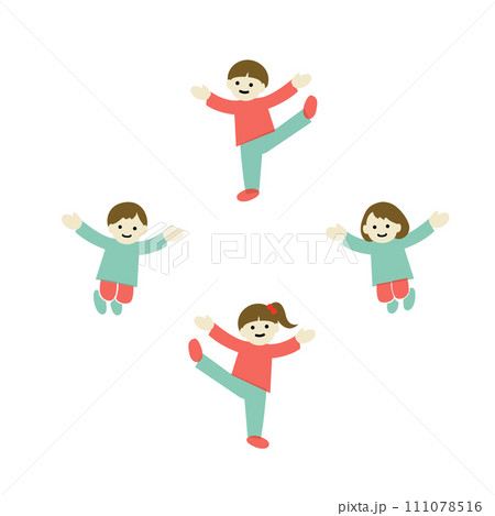 いろいろなポーズの元気で笑顔の子供たちのイラスト 線なし カラー いろいろなポーズの元気で笑顔の子供たちのイラスト 線なし カラー 111078516