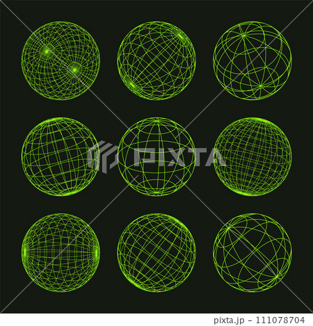 Wireframe shapes, lined sphere. Perspective mesh, 3d grid. Low poly geometric elements. Retro futuristic design elements, y2k, vaporwave and synthwave style. Vector illustration 111078704