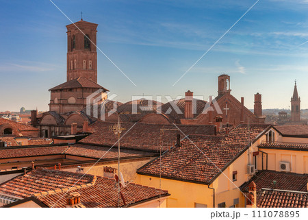 Old medieval towers above the city in Bologna. 111078895